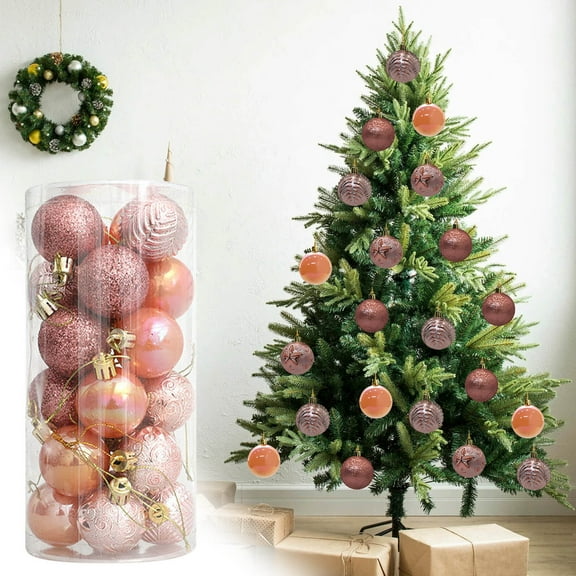 24pcs Painted Plastic Christmas Ball Ornaments - Festive Bucket-Packed Tree Decoration Pendants, Hanging Decor for Xmas Tree Trimming, Holiday Parties & Mantel Displays, 1.51*2in, Rose Gold
