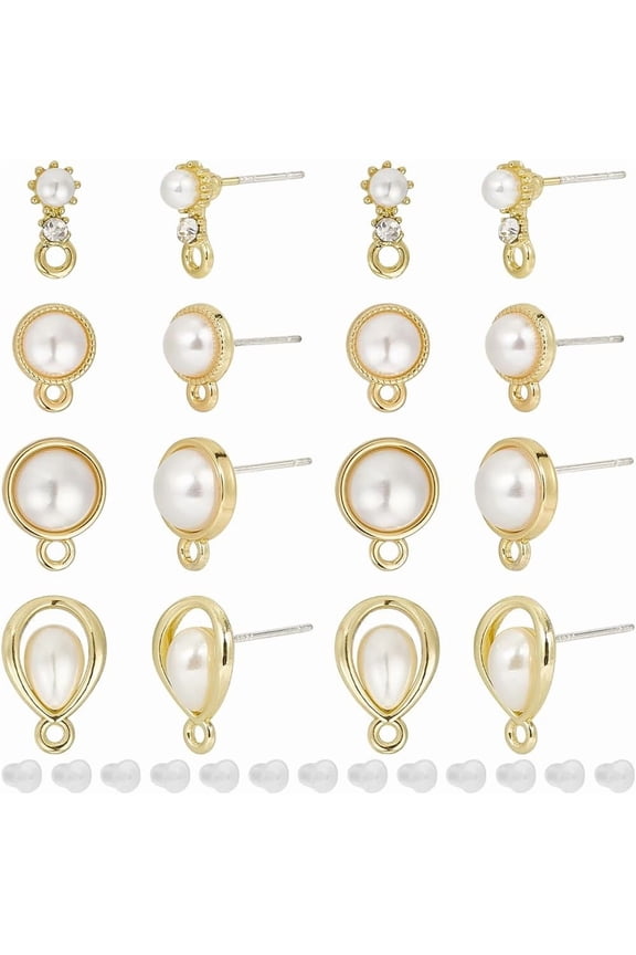24pcs Pearl Earring Posts golden Stud Earring Findings with 925 Sterling Silver Pin and Ear Nuts Half Round Teardrop Plastic Imitation Pearl Earring Studs for Jewelry Making Earrings DIY Craft