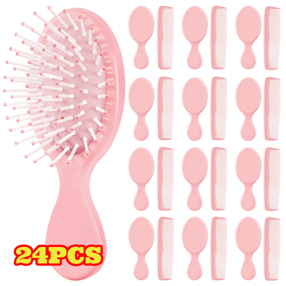 24pcs Pink Mini Hair Brushes, Including 12 Travel Wet Dry Hair Combs and 12 Plastic Straight Combs