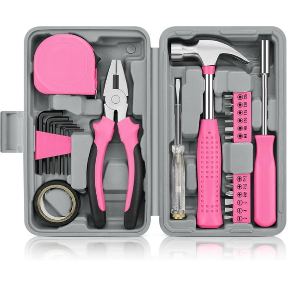 24pcs Pink Tools Set, Household Tool Kit with Storage Toolbox, Basic Tool Set for Home, Garage, Apartment, Dorm, New House, Back to School, and as a Gift