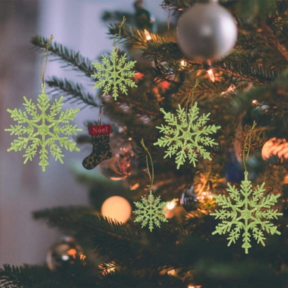 24pcs Plastic Snowflake Ornaments, Green Snowflake Ornaments Glitter Snowflake Ornaments with Hanging String for Christmas Tree Window Ceiling Home Decoration, 4"