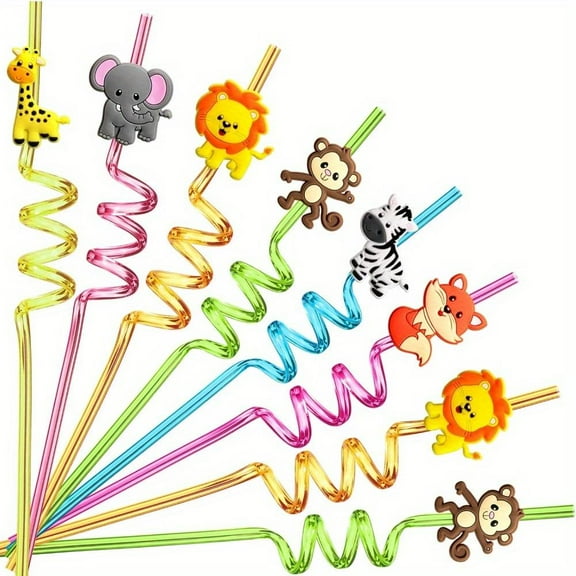 24pcs Plastic Straws Reusable Forest Animal Design Reusable Straws With 2 Brushes For Birthday Pool Underwater Party Decorations Gift