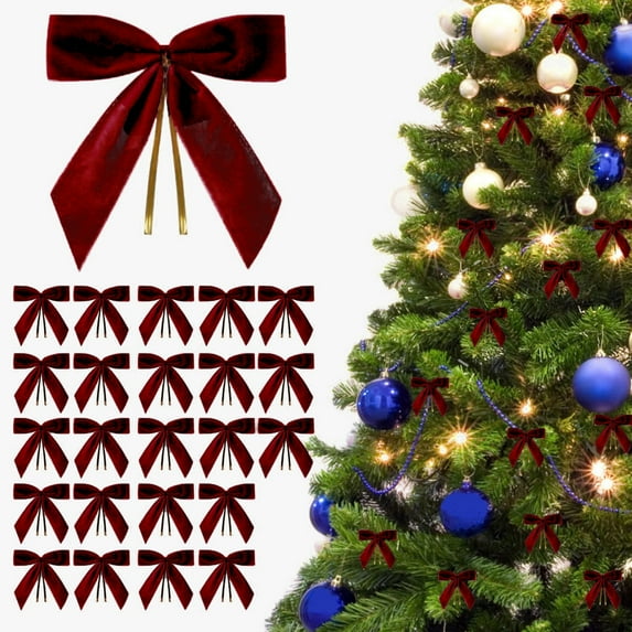 24pcs Pre Tied Bows Velvet Ribbon Bows Classic Christmas Tree Hanging Decorations DIY Wreath Gift Bows/ Christmas Tree Hanging Decoration Bow Wine Red