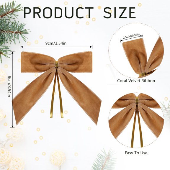 24pcs Pre Tied Bows Velvet Ribbon Bows, Classic Christmas Tree Hanging Decorations DIY Wreath Gift Bows, Khaki