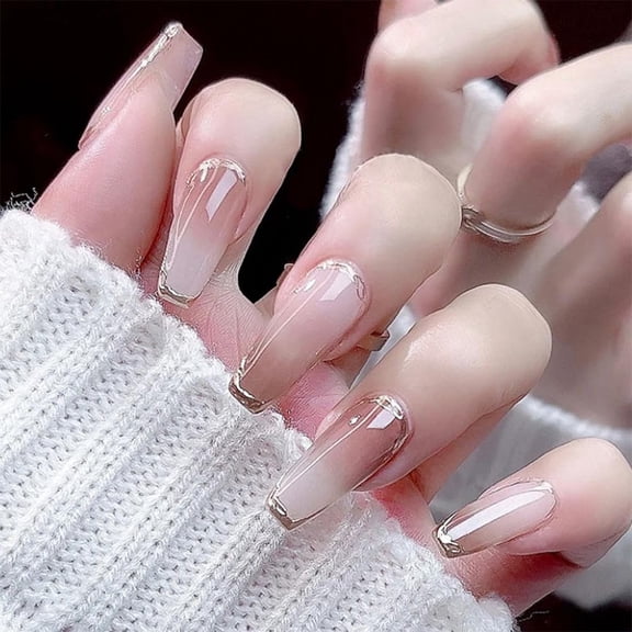 24pcs Press on Nails Long Coffin Fake Nails Nude Gradient False Nails Summer Ice Through Stick on Nails with Gold Leaf Decorations Design Acrylic Artificial Nails Glue on Nails For Women