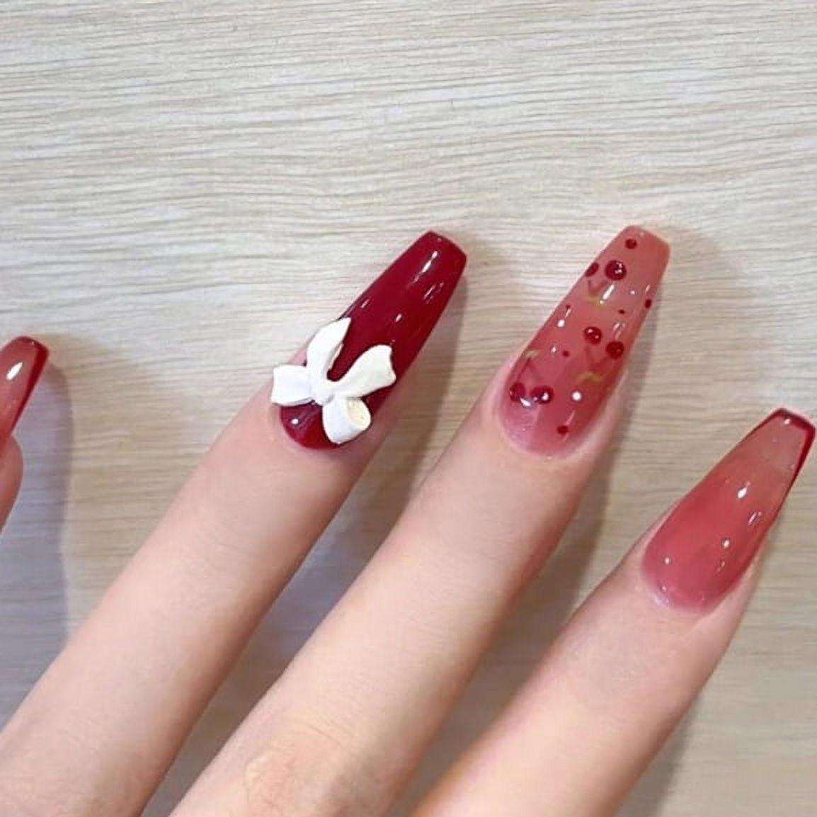 24pcs Press On False Nails Fake Nail Salon Full Cover Design for Women Girls Gift Coffin French Style Peach Red Bow Tie