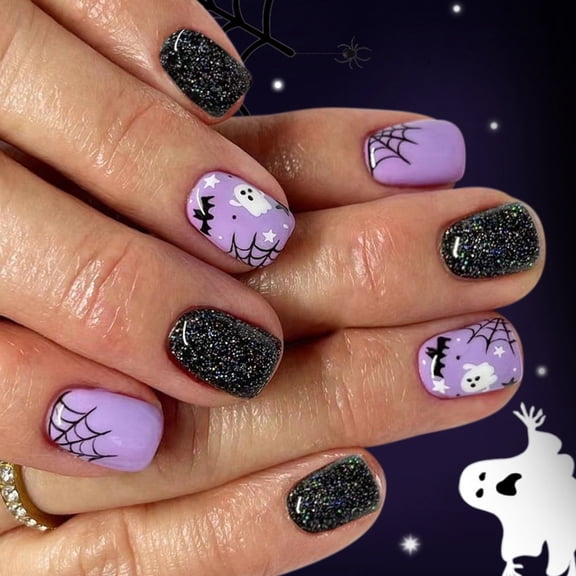 24pcs Press On Nails Cobweb Patterns With Eerie Bat Shadows Dark Theme Nails Art Accessories