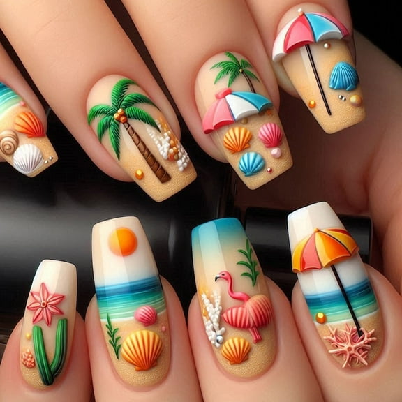 24pcs Press On Nails with 3D Beach Designs Ballet False Nails French Art Tips Full Covers Stick on Nails for Women