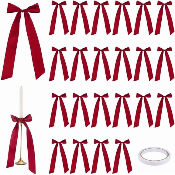 24pcs Red Candlestick Bows Decor 11.8 inch Large Ribbon Bowknot Decoration Pre-Tied Bowknot with Double Adhesive Satin Ribbon for DIY handcrafting