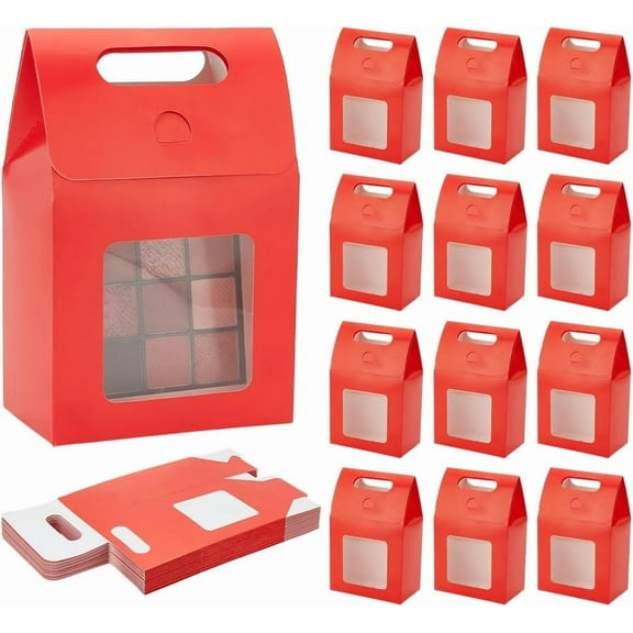 24pcs Red Gift Box with Handle Small Goodies Boxes Gable Paper Party Favor Boxes Candy Box with Window for Christmas Birthday Gift Packaging 3.8x2.3x5.9 Inch DIY