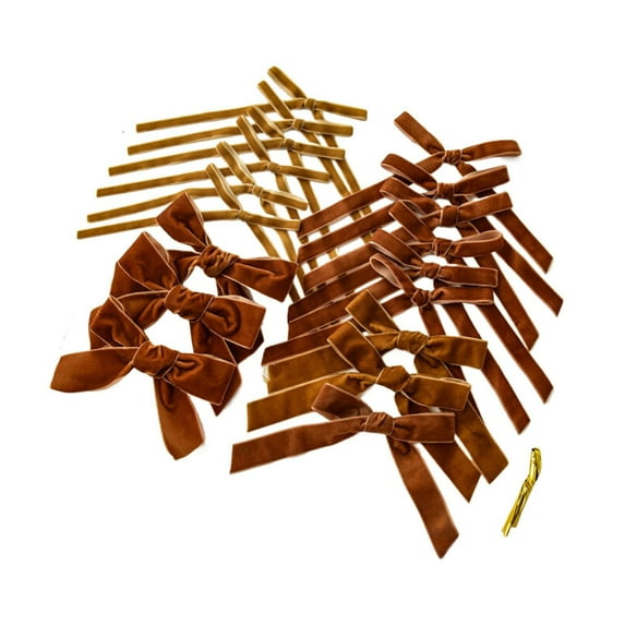 24pcs Red Velvet Christmas Tree Bows – Burgundy Velvet Ribbon with Gold Twist Ties, Wreath & Garland Decoration, Coffee, Bows