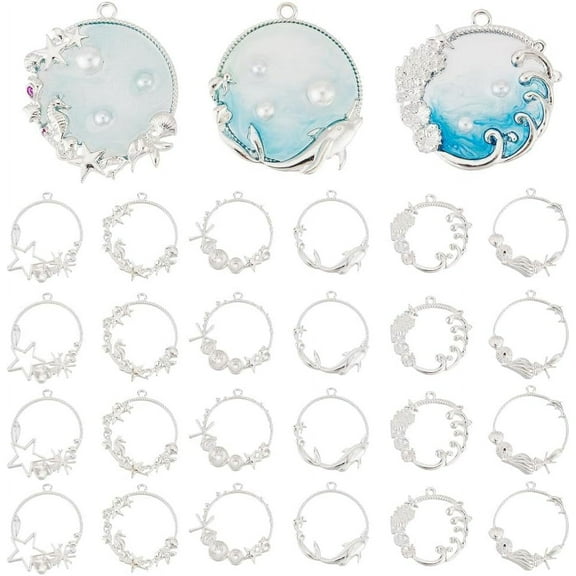 24pcs Sea Open Bezel Charms 6 Style Ocean Open Frame Pendant Resin Bezel Charms Alloy Hollow Resin Frames with Loop for Resin Jewelry Making DIY Crafts Summer Decorations - Silver DIY