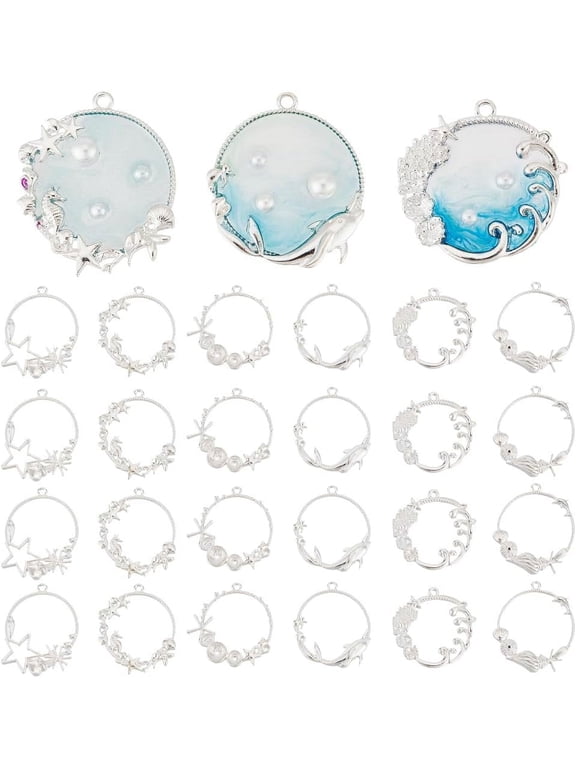 24pcs Sea Open Bezel Charms 6 Style Ocean Open Frame Pendant Resin Bezel Charms Alloy Hollow Resin Frames with Loop
