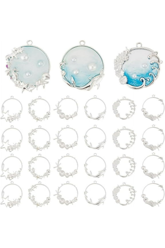 24pcs Sea Open Bezel Charms 6 Style Ocean Open Frame Pendant Resin Bezel Charms Alloy Hollow Resin Frames with Loop