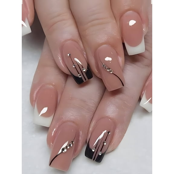 24pcs Semi Sheer Nude Rhinestones Accent Abstract Colorblock Long Square French Style Full Cover Fake Nail Press On Nails Manicure Kit Nail Supplies Black