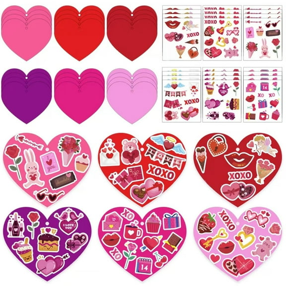 24pcs A Set Valentine's Day Love DIY Cartoon Card Sticker Mother's Decoration Foam Heart Craft Kit with Ribbons for Personalized Gifts and Party Decor
