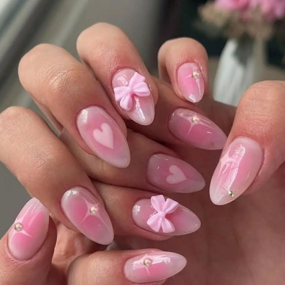 24pcs Short Almond False Nails With 3D Bows Pattern Glossy Finish on Nails for Fashionable Women and Teens