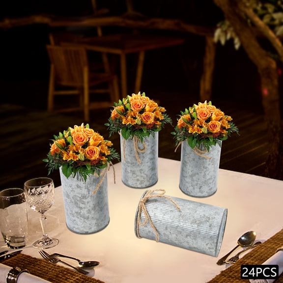 24pcs Silver Galvanized Iron 15cm Small Desktop Vase Retro Minimalist Decorative Flower Base