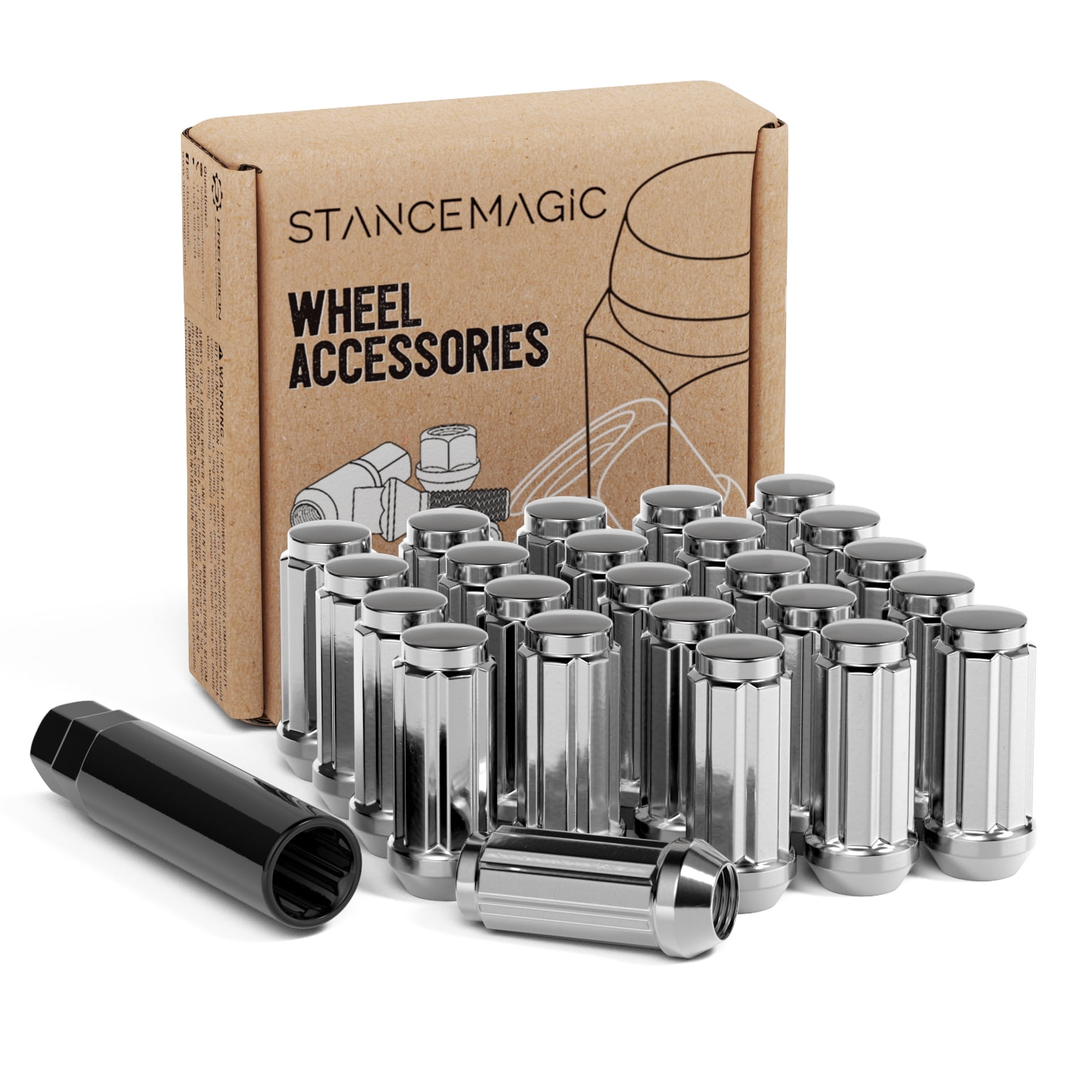 24pcs Silver Spline 14x1.5 Lug Nuts (51mm Length x 22mm Width) Bulge Cone Acorn Taper Seat - Includes 1 Socket Key Compatible with 2018+ Jeep Wrangler JL, Ford Chevy GMC Buick Cadillac