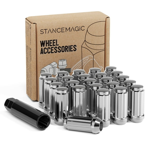 24pcs Silver Spline 14x1.5 Lug Nuts (51mm Length x 22mm Width) Bulge Cone Acorn Taper Seat - Includes 1 Socket Key Compatible with 2018+ Jeep Wrangler JL, Ford Chevy GMC Buick Cadillac