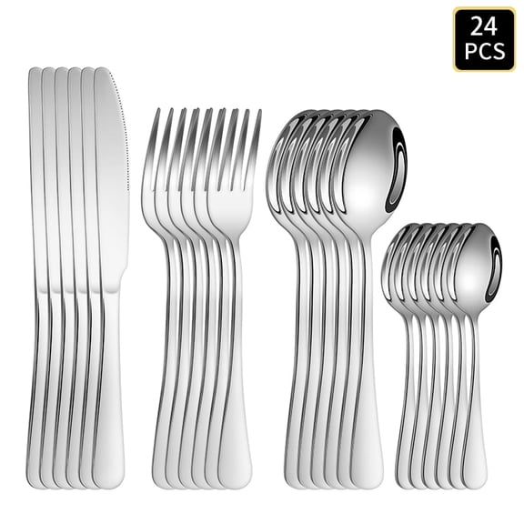 24pcs Silver stainless steel cutlery 1010 round handle knife, fork and spoon cutlery set suitable for family dinner hotel