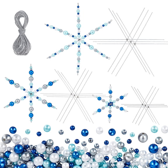 24pcs Snowflake Wire Forms with 570pcs Round Beads 3.7/4.5/5.9 inch Metal Bead Wires 4/6/8mm Pearl Beads Metallic Thread