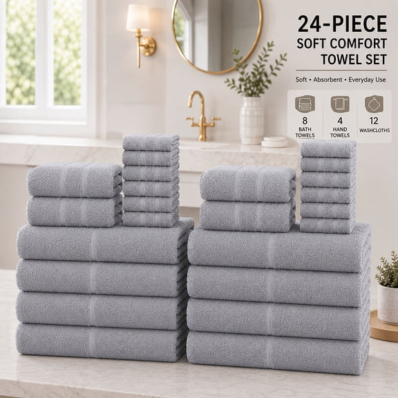 24pcs Soft Cotton Bath Towel Set, Includes 8 Bath Towels, 4 Hand Towels& 12 Washcloths, Highly Absorbent, Quick Dry, Bathroom Towels for Family, Hotel, Gym, Spa and Travel, Hand Towel