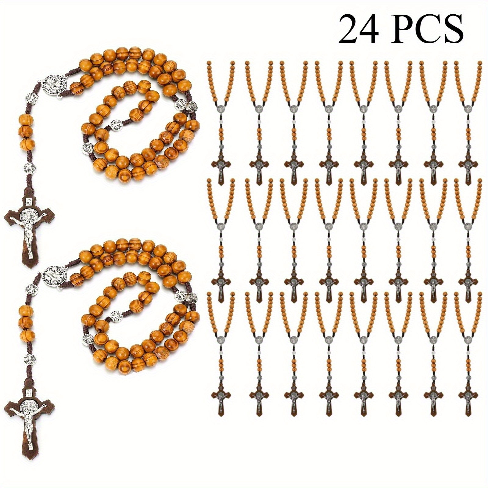 24pcs Solid Wood Carved Rosary Necklaces, 24-Pack Wooden Rosary Beads Catholic Rosary Necklace, Prayer Beads With Cross Pendant, Pocket Rosary Style, Baptism Favors And Religious Gifts for Men Women
