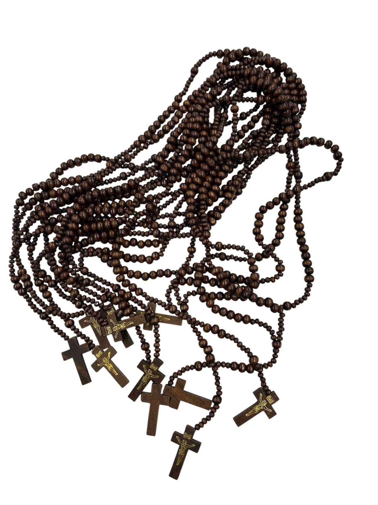 24pcs Solid Wood Carved Rosary Necklaces, 24-Pack Wooden Rosary Beads Catholic Rosary Necklace, Prayer Beads With Cross Pendant, Pocket Rosary Style, Baptism Favors And Religious Gifts for Men Women