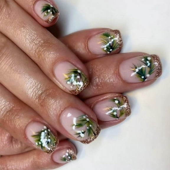 24pcs Square Christmas Press On Nails French Tip Designs With Christmas Tree Full Covers Nails Accessories For Women