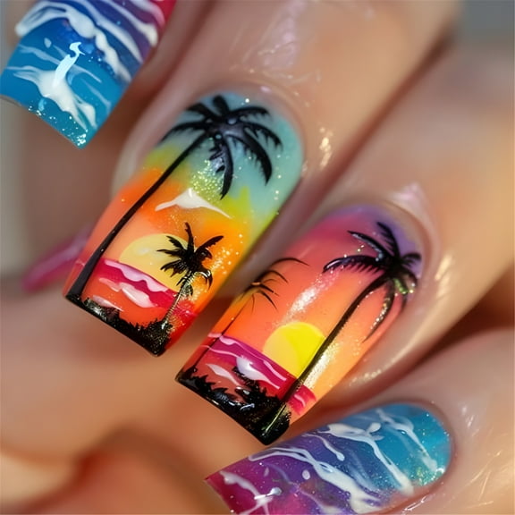 24pcs Square False Nails Acrylic with Sunset Beach Palm Tree Designs Manicure Nails Accesories