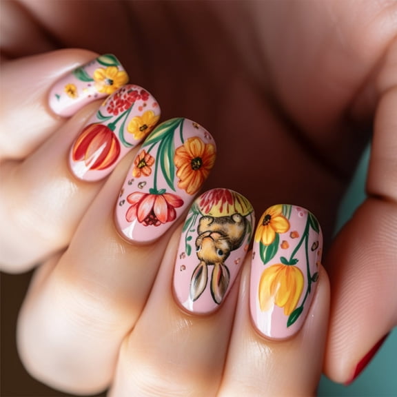 24pcs Square False Nails With Easter Theme Floral Pattern Acrylic on Nails Manicure for Women