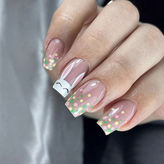 24pcs Square with Rabbits Designs on Nails Acrylic Nails Manicure for Easter Celebrations