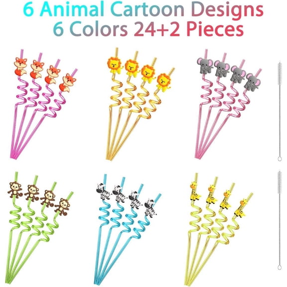 24pcs Straws Party Bend Straws Jungle Animal Straws Birthday Party Banquet Holiday Favors Reusable Straws Jungle Party Favors Comes with 2 Cleaning Brushes Holiday Party Favors Utensils