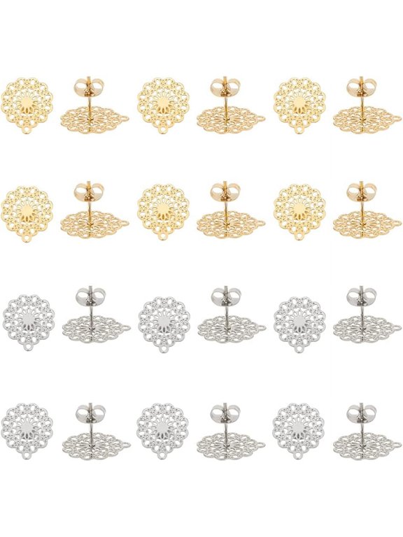 24pcs Stud Earring with Loop Stainless Steel Filigree Hollow Ear Stud Component with Stoppers Ear Nuts 0.7mm Pin Earring Posts for Jewelry Making for DIY