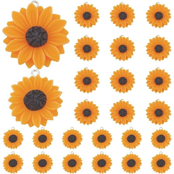 24pcs Sunflower Pendants 2 Size Flatback Daisy Flower Charms Resin Orange Sunflower Charms Pendants