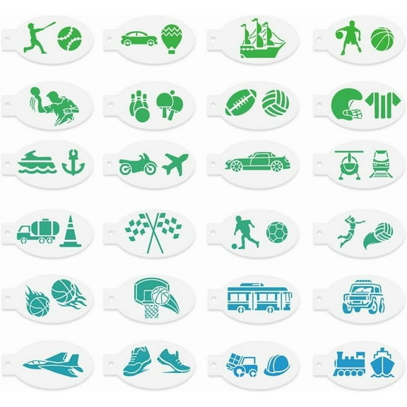 24pcs Transport Vehicles Face Paint Stencils 40 Styles Ball Sports Christmas Holiday Reusable Facial Painting Stencils 5.5"x2.9" Bus Car Party Body Paint Templates for Makeup White for diy making