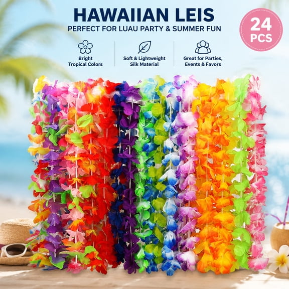 24pcs Hawaiian Leis Bulk Silk Flower Necklaces Colorful Tropical Luau Party Decor Hula Dance Summer Beach Pool Party Favors Supplies