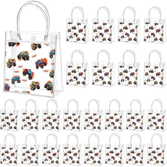 24pcs Truck Party Favor Bags Truck Gift Goodie Bags Car PVC Candy Treat Tote Clear Gift Bag with Handles for Kids Game Construction Racing Theme Birthday Party Supplies