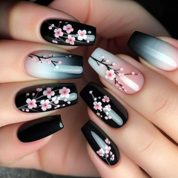 24pcs Valentine's Day Coffin False Nails Full Covers Coffin Nails Spring Floral on Nails for Women