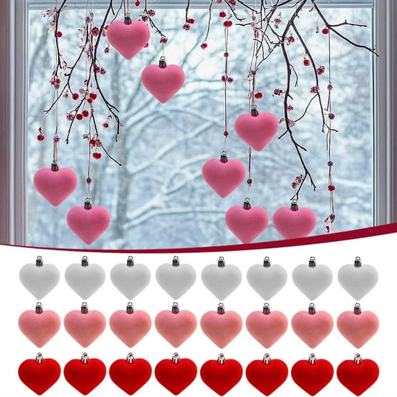 24pcs Valentine’s Day Flocked Heart Ornaments - Small Heart-Shaped Pendants for Wreaths/Trees/Gifts, Romantic Festive Decor for Home & Party, Durable Soft Fuzzy Holiday Accents, 1.9*1.7in, Multicolor