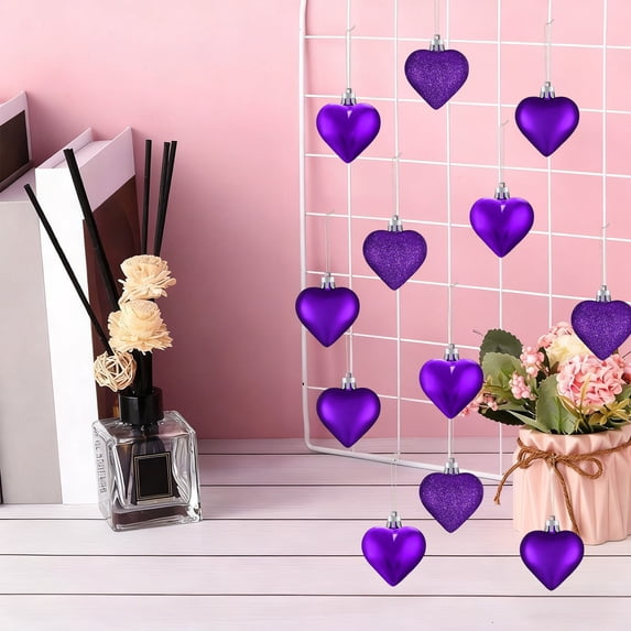 24pcs Valentine’s Day Heart-Shaped Hanging Ornaments - Colorful Shimmering Romantic Decor for Home/Party, Durable Festive Ornaments for Wall/Tree/Table, Perfect Valentine Accent, 2.4*1.8in, Purple