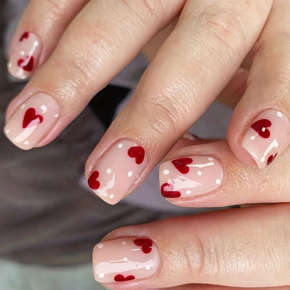 24pcs Valentine's Day Short Square Shape Acrylic False Nails With Heart Designs on Nails For Women