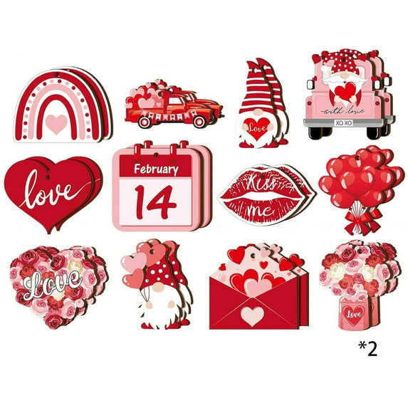 24pcs Valentine's Day Wooden Ornaments Decorative Set with Rope for Couples Party Decorations Indoor Outdoor Hanging Heart Themed Festive Accents