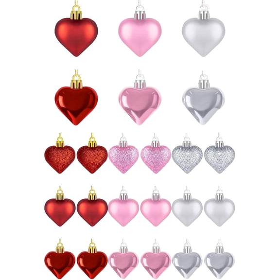 24pcs Valentines Day Heart Ornaments, Heart Shaped Valentines Day Decorations Hanging Baubles Valentine Tree Ornaments Hearts Decoration for Tree Wedding Party Love Decor for Home Outdoor