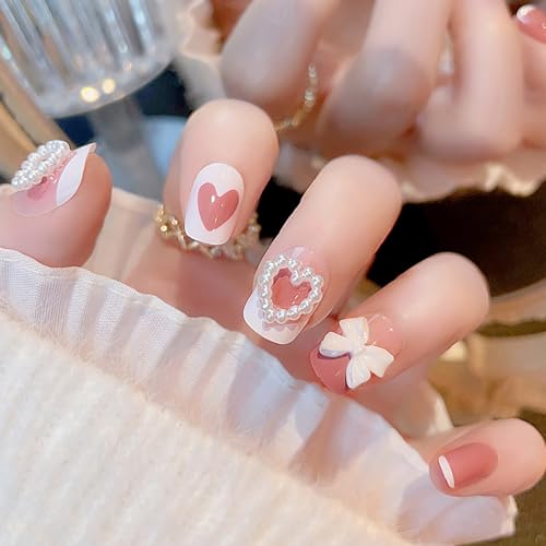 24pcs Valentines Press On Nails Short Square Fake Nails Valentines Day