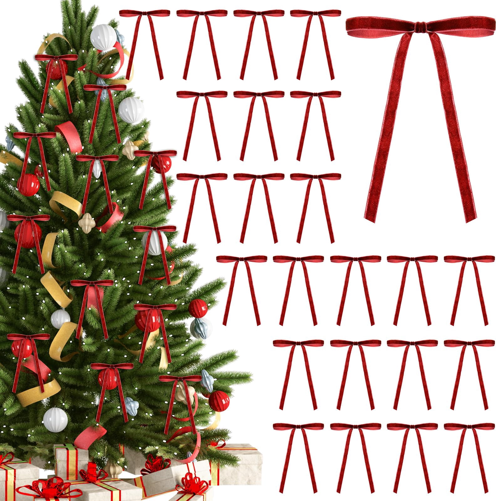 24pcs Velvet Bows for Christmas Tree Red Vintage Christmas Decor For ...