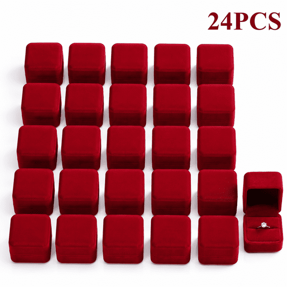 24pcs Velvet Ring Boxes Bulk - Wine Red Jewelry Display & Storage Boxes with Secure Clasp Closure, Elegant Velvet-Lined Fabric Boxes for Wedding Engagement Proposals, Holiday Gifts, Jewelry Boxes