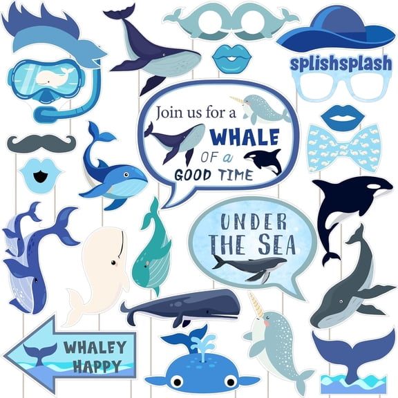 24pcs Whale Photo Booth Props for Boys and Girls, Under The Sea Splish Splash Whale of A Good Time Birthday Baby Shower Animal Ocean Theme Party Decorations