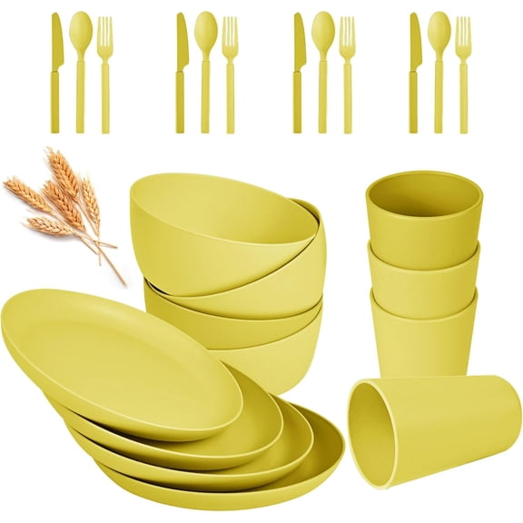24pcs Wheat Straw Dinnerware Sets, Wheat Straw Plates and Bowls Sets for 4 Microwave Dishwasher Safe Lightweight （Yellow）